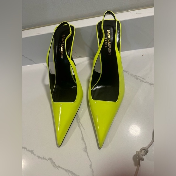 Saint Laurent Kiss 105 Leather Slingback Highlighter Yellow Pumps SZ 8.5 - Picture 5 of 14